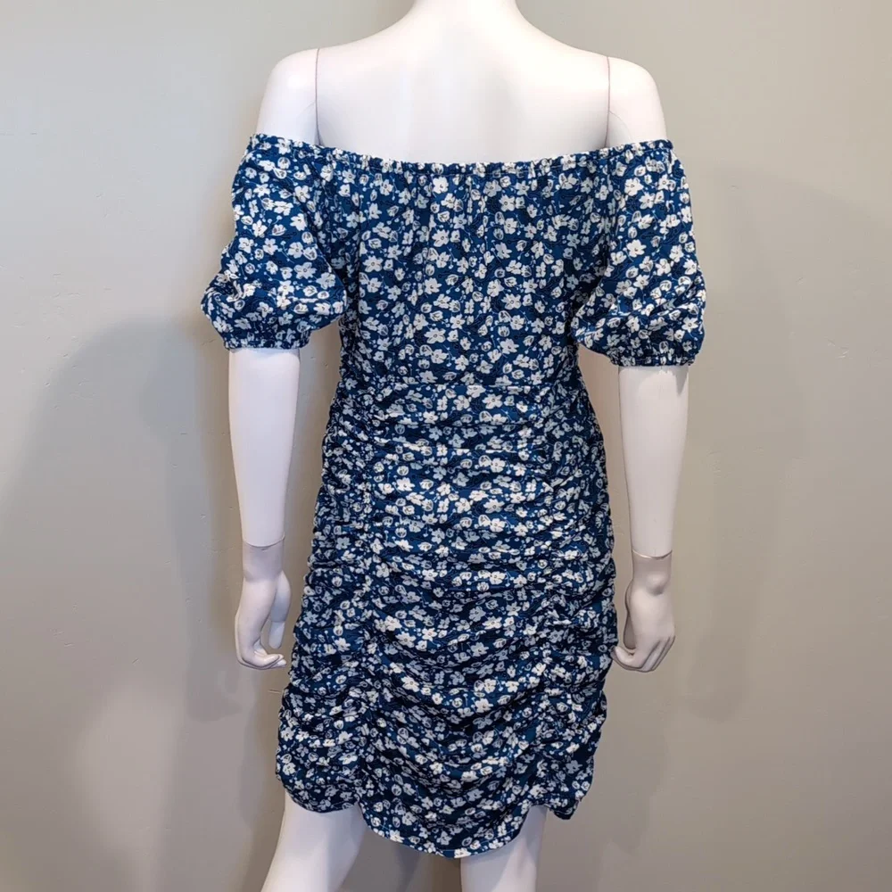 SHEIN Blue And White Floral Off Shoulder Tie Bust Ruched Front Mini Dress Large